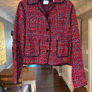 NWT St. John Red, Black & White (Crimson) Boucle Tweed Jacket. Size 6